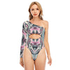 Sexy Psychedelic Print Women's Long-sleeved Waist-cut Bodysuit With One-sleeve - kayzers