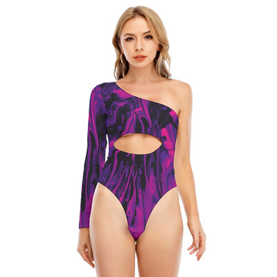 Pink Abstract Sexy Print Women's Long-sleeved Waist-cut Bodysuit With One-sleeve - kayzers