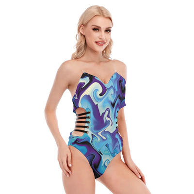 Liquid Abstract Blue Psychedelic Sexy Print Women's Tube Top Bodysuit With Side Black Straps - kayzers