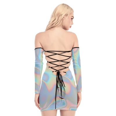 Ombre Clouds Colorful Print Women's Off-shoulder Back Lace-up Dress - kayzers