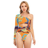 Orange Abstract Sexy Print Women's Long-sleeved Waist-cut Bodysuit With One-sleeve - kayzers