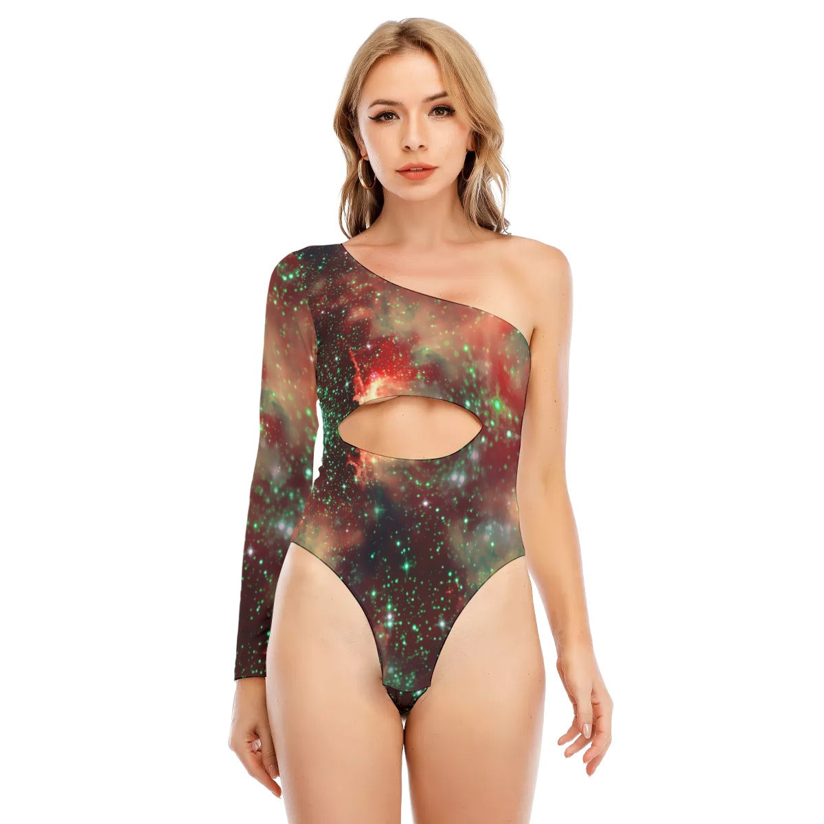 Sexy Realistic 3D Sci Fi Print Women's Long-sleeved Waist-cut Bodysuit With One-sleeve - kayzers