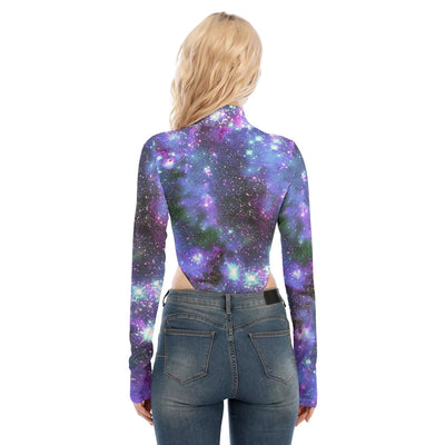 Super Blue Galaxy Starry Print Women's Turtleneck Long Sleeve Jumpsuits - kayzers