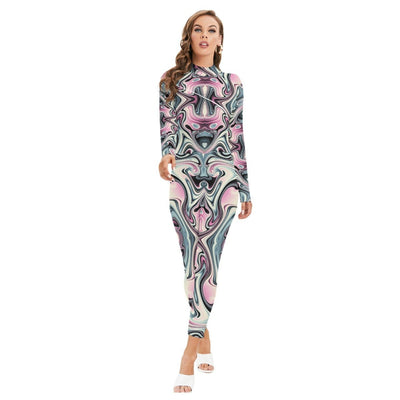 Abstract Psychedelic Liquid Art Print Women's Long-sleeved High-neck Bodysuit With Zipper - kayzers