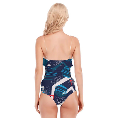 Blue Sexy Geometric Print Women's Tube Top Bodysuit With Side Black Straps - kayzers