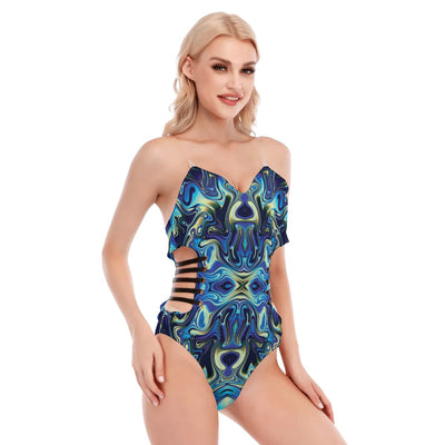 Blue Abstract Psychedelic Sexy Print Women's Tube Top Bodysuit With Side Black Straps - kayzers