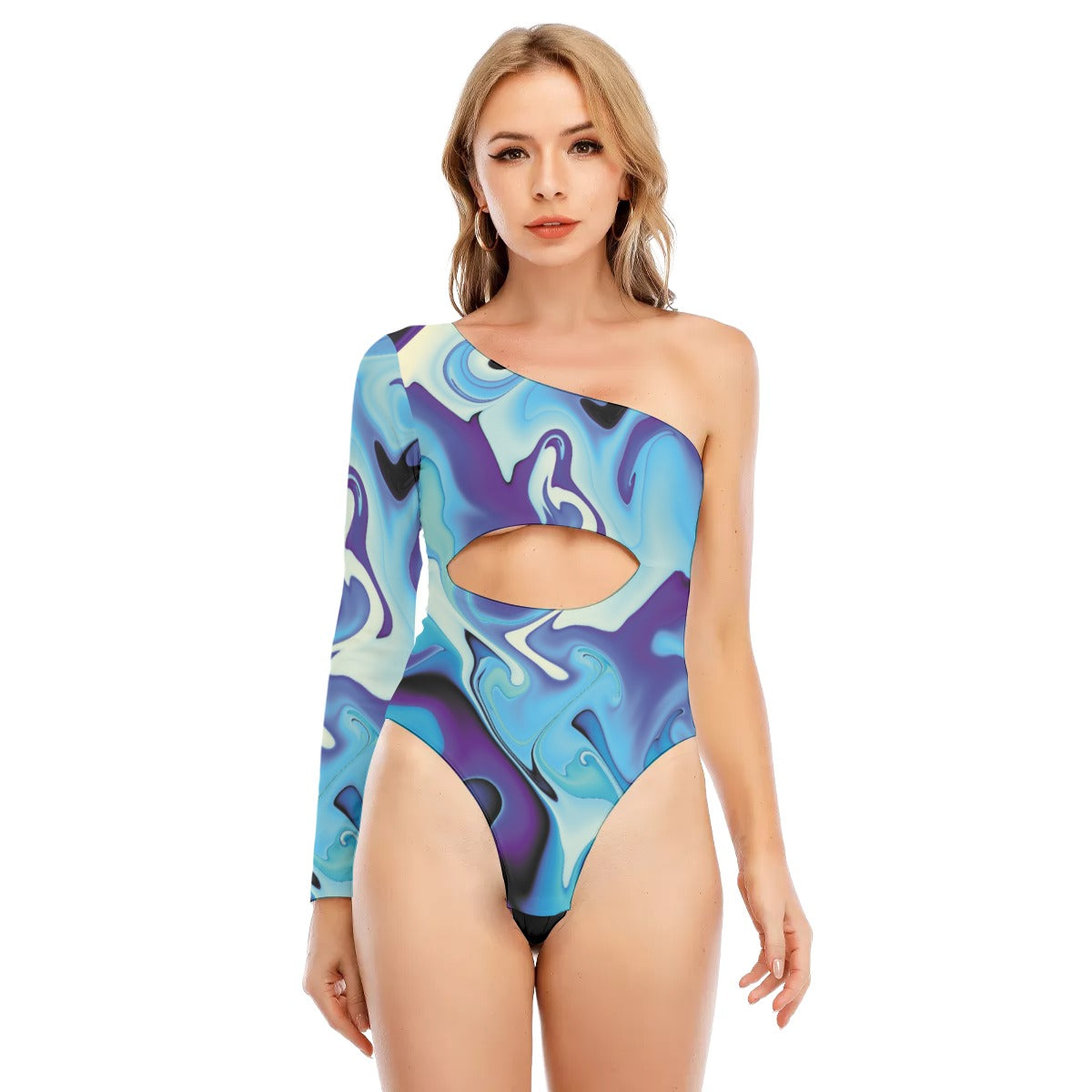 Blue Sexy Psychedelic Print Women's Long-sleeved Waist-cut Bodysuit With One-sleeve - kayzers