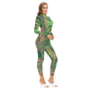 Green Festival Alien Psychedelic Trippy Print Women's Long-sleeved High-neck Catsuit With Zipper - kayzers