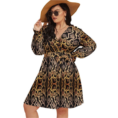 Real Animal Leopard Print Women's V-neck Dress With Waistband(Plus Size) - kayzers