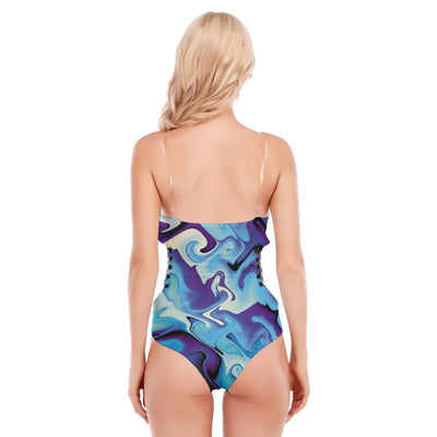 Liquid Abstract Blue Psychedelic Sexy Print Women's Tube Top Bodysuit With Side Black Straps - kayzers
