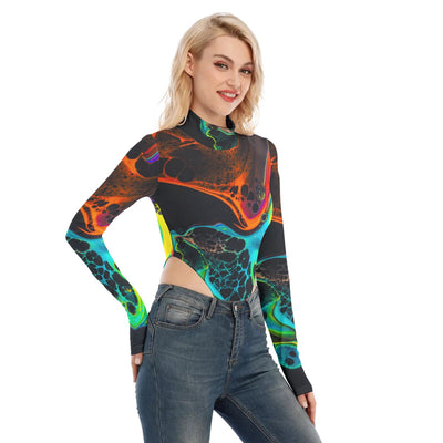 Sexy Abstract Cells Colorful Print Women's Turtleneck Long Sleeve Jumpsuits - kayzers