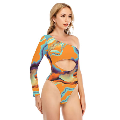 Orange Abstract Sexy Print Women's Long-sleeved Waist-cut Bodysuit With One-sleeve - kayzers
