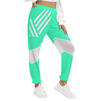 Mint Green Striped Print Women's Mesh Paneled Track Pants - kayzers