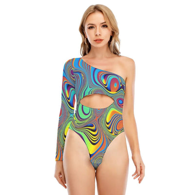 Sexy 3D Festival Print Women's Long-sleeved Waist-cut Bodysuit With One-sleeve - kayzers