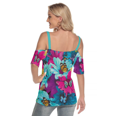 Colorful Flowers Floral Print Women's Cold Shoulder T-shirt With Criss Cross Strips - kayzers