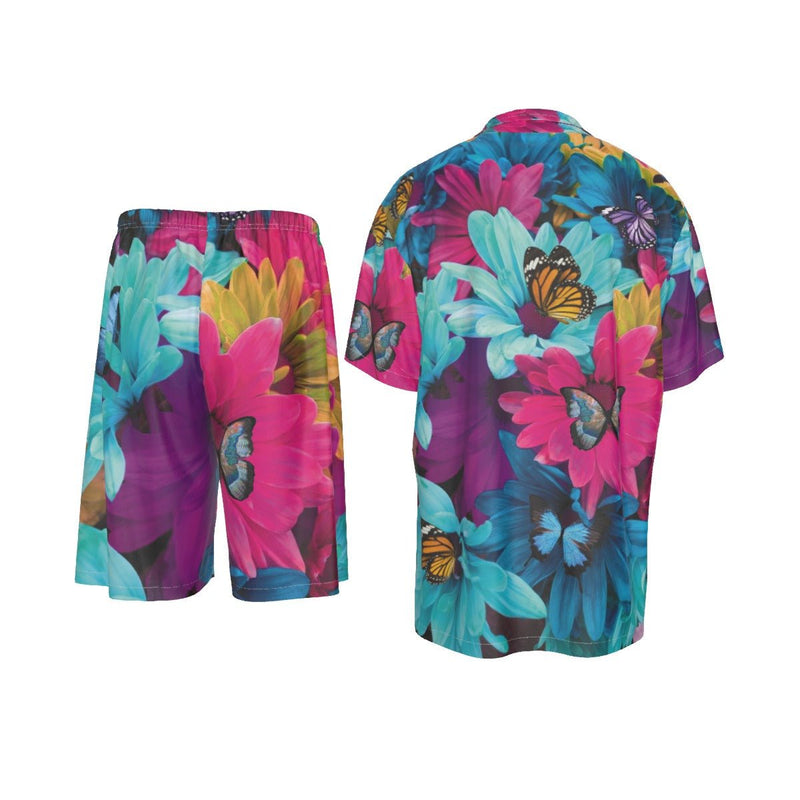 Tropical Colorful Floral Butterflies Print Men's Imitation Silk Shirt Matching 2 pc Suit - kayzers