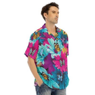 Colorful Floral Butterflies Print Men's Hawaiian Shirt With Button Closure - kayzers