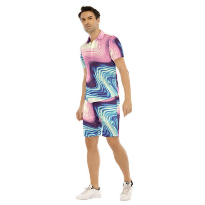 Abstract Waves Print Men's Short Sleeve Shirt Sets - kayzers