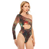 Sexy Realistic 3D Sci Fi Print Women's Long-sleeved Waist-cut Bodysuit With One-sleeve - kayzers