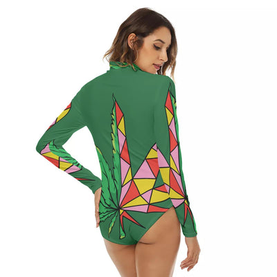 High Alien Marijuana Leaf Print Women's Turtleneck Long Sleeve Bodysuit