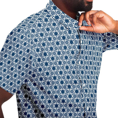 Blue White Geometric Star Flower Print Men's Short Sleeve Button Down Shirt - kayzers