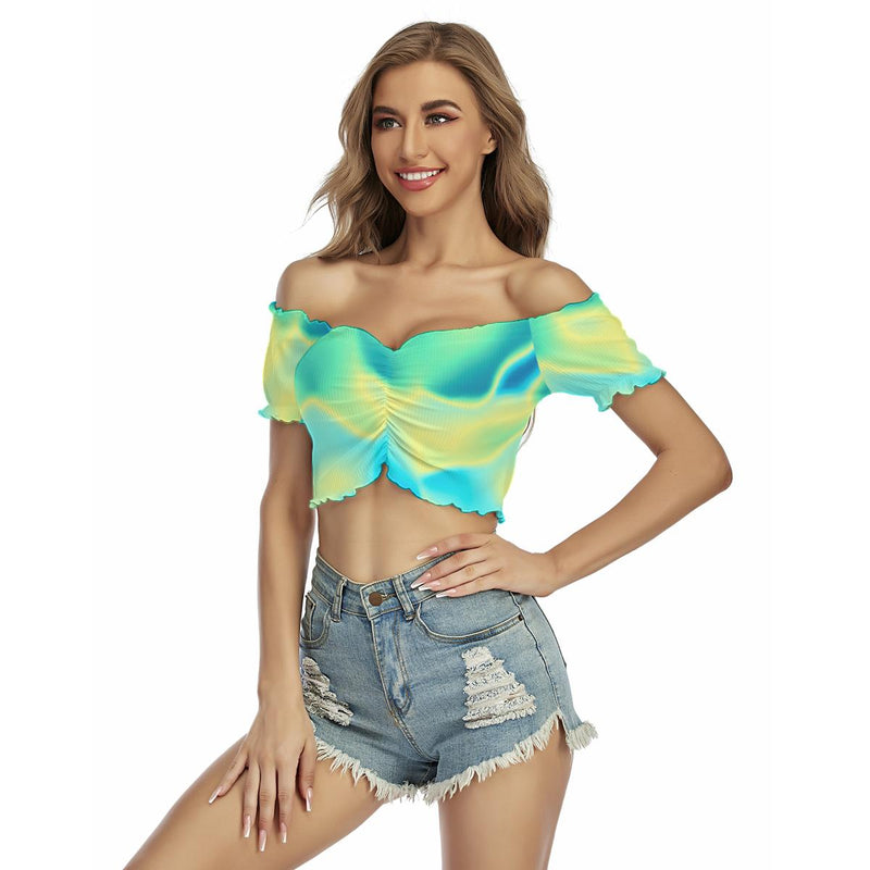 Yellow Blue Hues Ombre Iridescence Abstract Print Women's Off-Shoulder Blouse