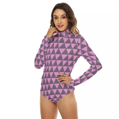Triangle Maze Print Women's Turtleneck Long Sleeve Bodysuit