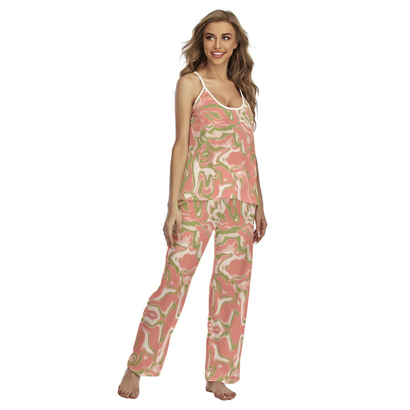 Coral Pink Camo Camouflage Print Abstract Liquid Women's Cami Pajamas Sets