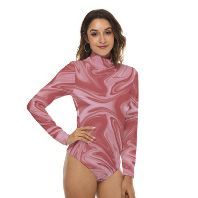 Abstract Pink Wine Red Abstract Liquid Print Women's Stretchy Turtleneck Long Sleeve Bodysuit