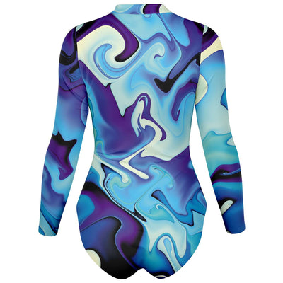 Blue Psychedelic Liquid Print Long Sleeve Bodysuit - kayzers