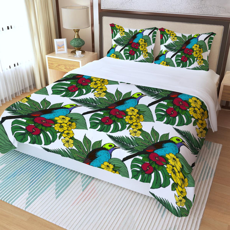 Tropical Bird Paradise Floral Print Three Piece Duvet Cover Set