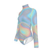 Ombre Iridescence Holographic Abstract Cloud Print Women's Turtleneck Long Sleeve Bodysuit - kayzers