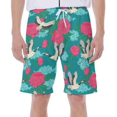 Tropical Red Flower Cranes Beach Print Hawaiian Men's Beach Shorts