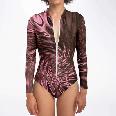 Abstract Waves Shell Coral Bubbles Swirls Cells Paint UV Protection Zipper Bodysuit - kayzers
