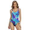 Blue Purple Abstract Paint Waves Psychedelic Print Women's Ruffle Hem Swimsuit, One Piece Swimsuit