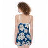 Blue Floral White Flowers Print jumpsuit Romper Women's Suspender Shorts