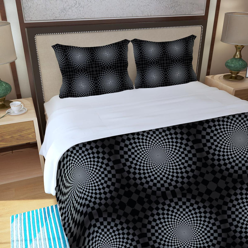 Black White Checkers Pixels Illusion Three Piece Duvet Cover Set