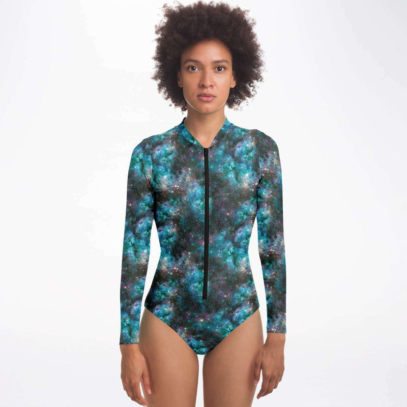 Emerald Green Galaxy Print Long Sleeve Bodysuit Swimsuit With Uv Protection - kayzers
