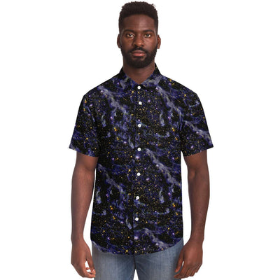 Blue Blaze Galaxy Space Clouds Stars Print Men's Button Down Shirt - kayzers