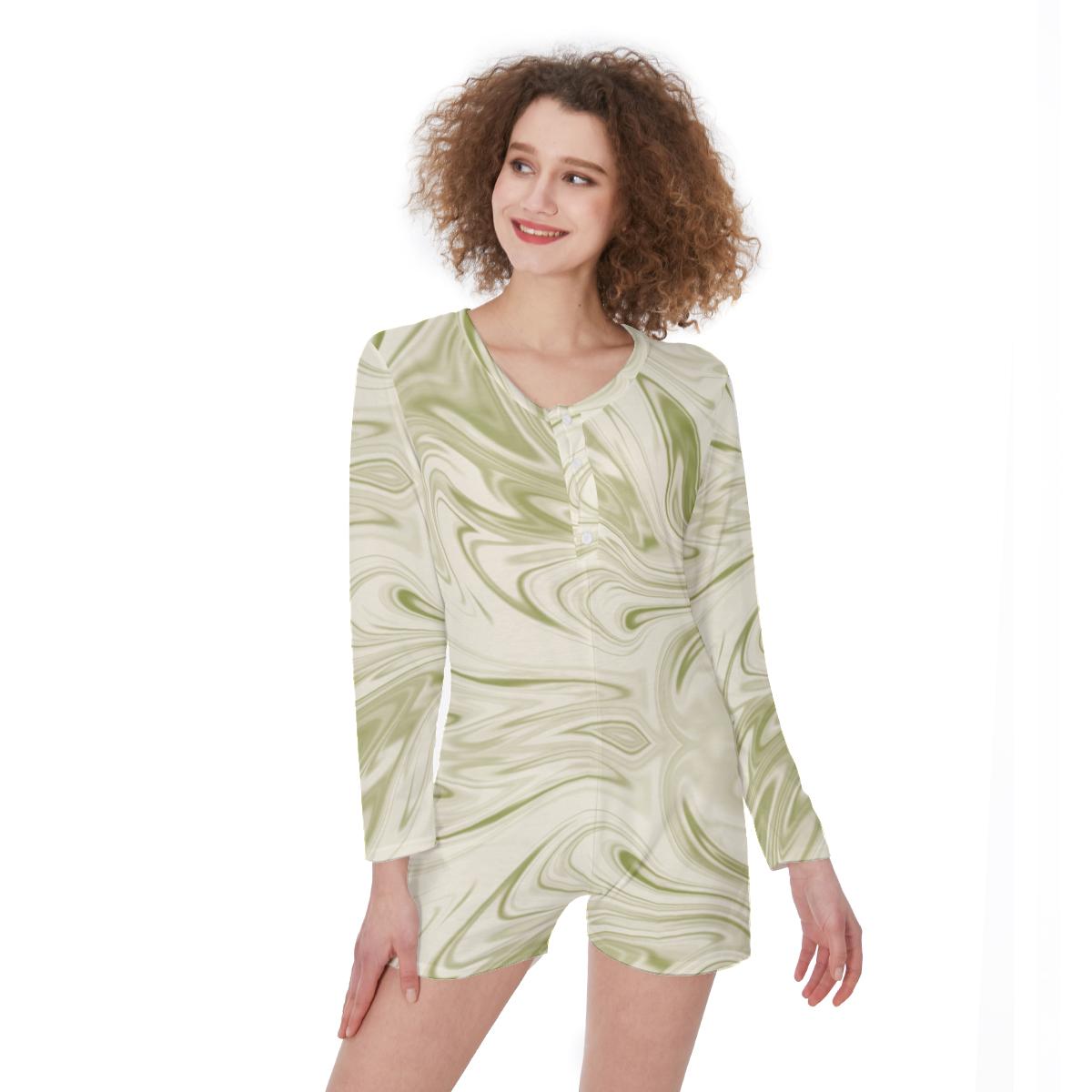 Ivory Color Women's Pajamas Nightgown, Ivory Green Liquid Waves Abstract Pajamas Loungewear
