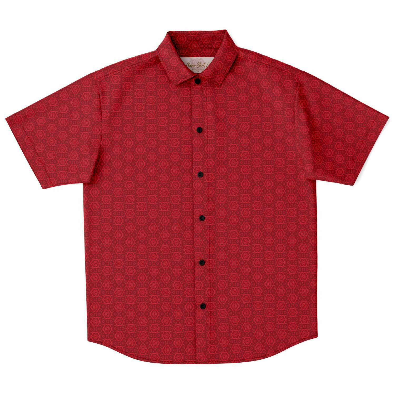 Scarlet Red Floral Geometry Men's Short Sleeve Button Down Shirt - kayzers