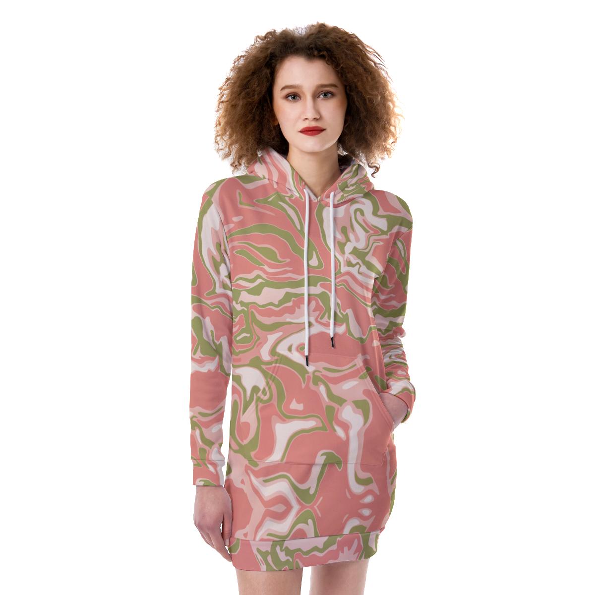 Coral Pink Camo Camouflage Abstract Liquid Print Women's Long Hoodie With Plush Fleece