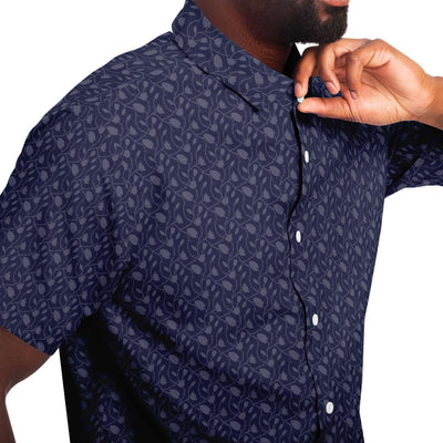 Navy Blue Ornamental Floral Print Men's Short Sleeve Button Down Shirt - kayzers