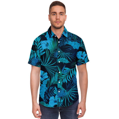 Tropical Print Purple Blue Neon Floral Palm Print Hibiscus Flowers Men's Button Down Shirt, Hawaiian Beach Shirt - kayzers