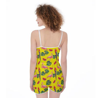 Yellow Tropical Leaves Flamingo Parrot Birds Print Jumpsuit Romper Women's Suspender Shorts