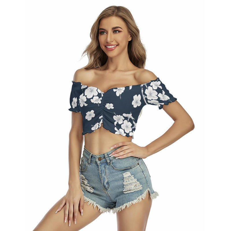 White Hibiscus Flowers Floral Print Women's Off-Shoulder Blouse