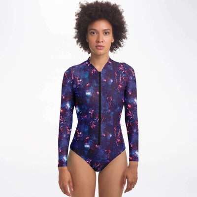 Purple Blue Abstract Alien Galaxy Print Women's Long Sleeve Bodysuit With UV Protection - kayzers