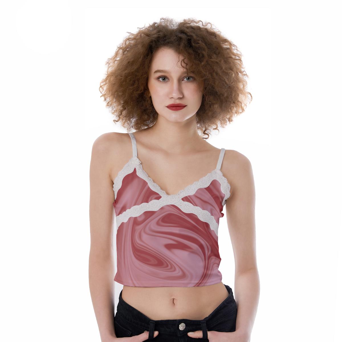 Pink Wine Red Print Women's Lace Camisole Crop Top, Abstract