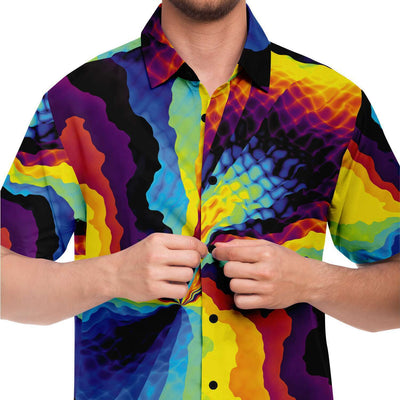 Colorful Psychedelic Rainbow Pinch Swirl Trippy Men's Short Sleeve Button Down Shirt - kayzers