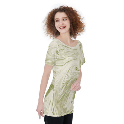 Abstract Ivory Green Print Women's Off-Shoulder T-Shirt, Ivory Green Liquid Paint Marble Print Top